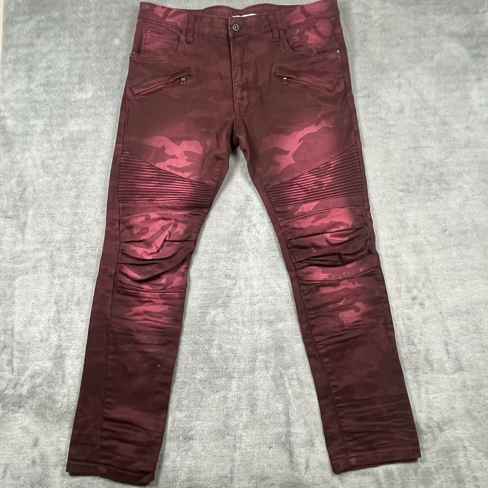 Smoke Rise Jeans Men 40x32 Red Burgundy Camo Straight Leg Slim Denim Moto Grunge - Picture 2 of 11